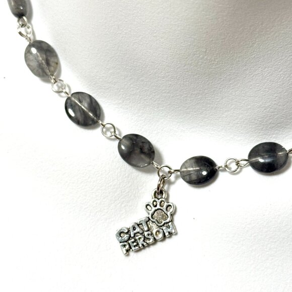 Genuine Grey Tourmalinated Quartz Short Necklace,Gemstone & Cat Person Paw Print - Picture 1 of 14